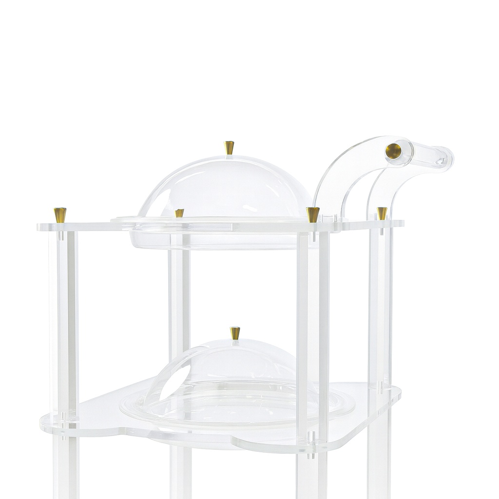 Acrylic trolley-Round trays and convex lids with gold handles.