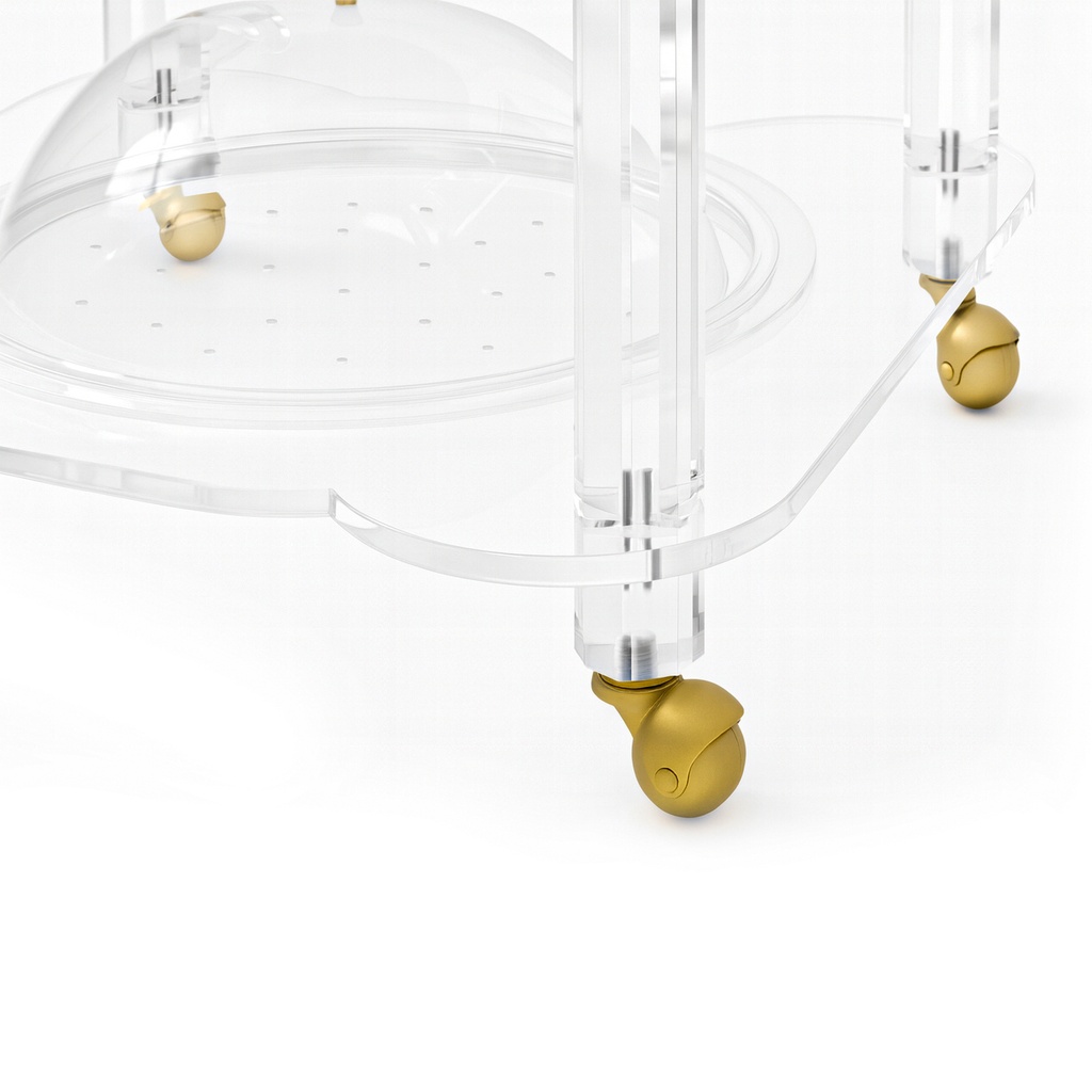 Acrylic trolley-Round trays and convex lids with gold handles.