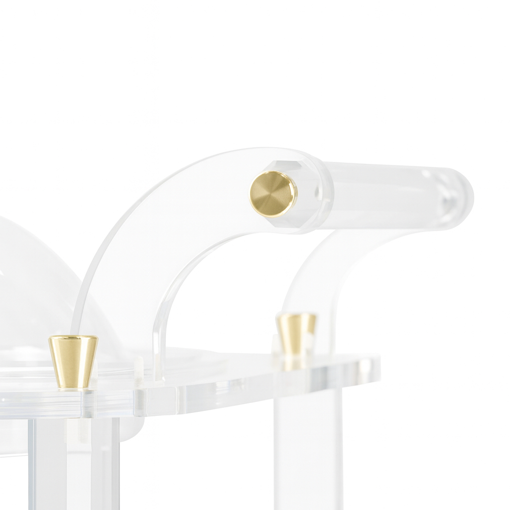 Acrylic trolley-Round trays and convex lids with gold handles.