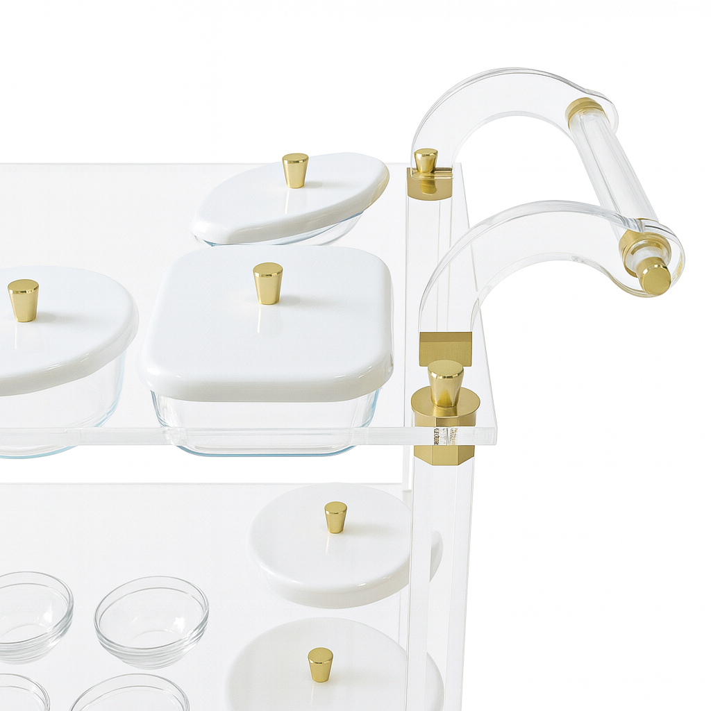 Acrylic trolley-Acrylic serving cart with three shelves and gold accents, white lidded plates.