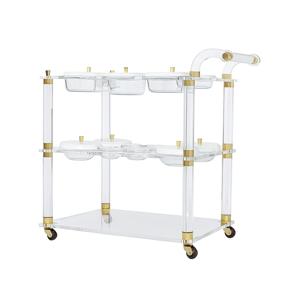 Acrylic trolley-Acrylic serving cart with three shelves and gold accents, white lidded plates.