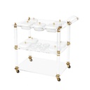 Acrylic trolley-Acrylic serving cart with three shelves and gold accents, white lidded plates.