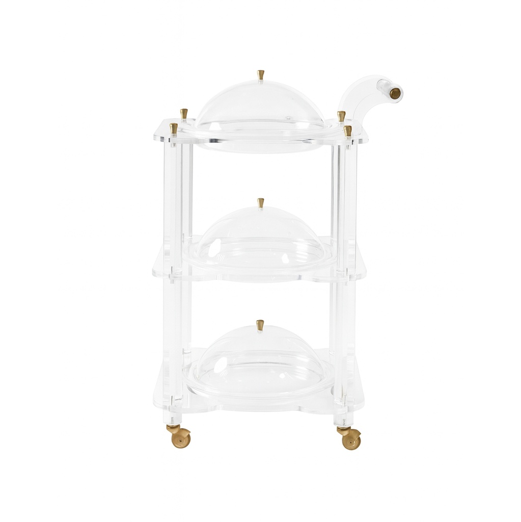 Acrylic trolley-Round trays and convex lids with gold handles.