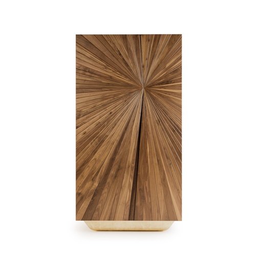 [11-209 V1] Darvaza Cabinet (215x50x90 H cm, Body Exterior: Solid Walnut wood with matt finish.  Drawers, shelves, interior & handles: Coated Interior in Walnut wood with matt finish & Gold Leaf with gloss finish. Shelves in clear tempered glass. Handles in Metal Effect** ref. Brass, brushed with gloss finish. Footer & Frieze: Gold Leaf with gloss finish.)