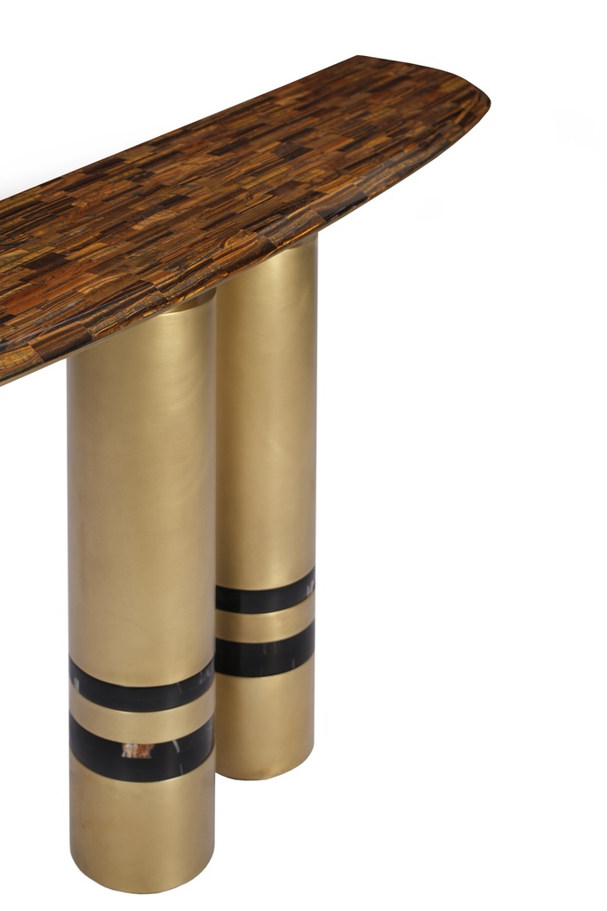 Console
Dull Brass Metal Base With Semi Precious Tiger Eye Top 