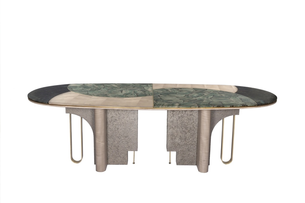 Dining Table With 2 Semi-Precious Stone And Veneer