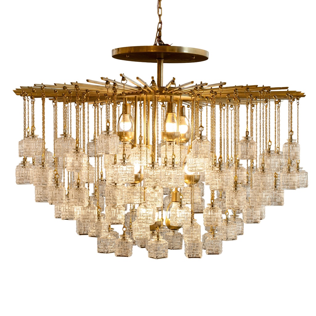 Chandelier In Brass And Sculptured Cubes In Murano Glass