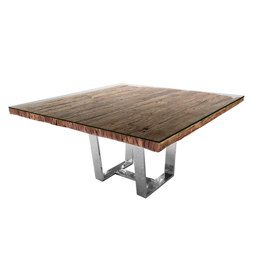 Rustic Square Natural Wood Dining Table With Stainless Stee