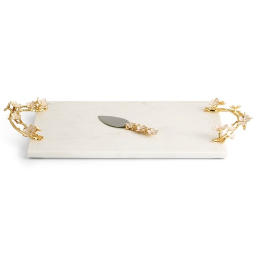 [102004380] Cherry Blossom Cheese Board W/Spreader (Bronze,16x35x7.5H, Brass)