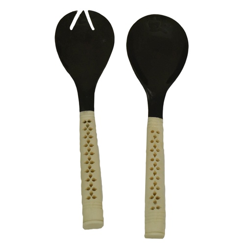 [103001056] S/2 Eyelet Serving Pieces Hand Carved Handle Design (Green,25.5cm, Metal/Strass)