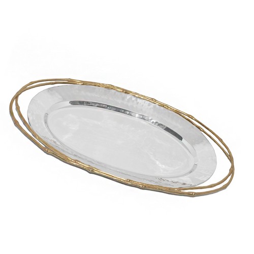 [103003177] Nickel Plate Oval Platter W 24Kt Gold Plated Ba (W23xL30xH3, Aluminium)