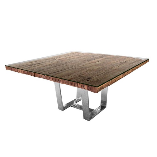 [202003001] Rustic Square Natural Wood Dining Table With Stainless Stee (Clear,10x16.5H, Glass)