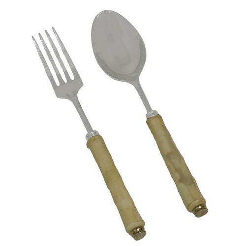 [103001023] S/2 Salad / Serving Set Set Bamboo (Silver/Cream,28x6  28x3.5, Stainless Steel)