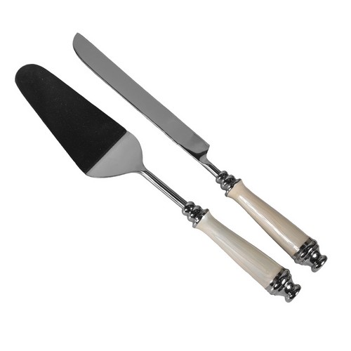 [103001048] S2 Cake Serving Set Ivory Brass Handle Giftboxed (Silver,31x8, Stainless Steel)