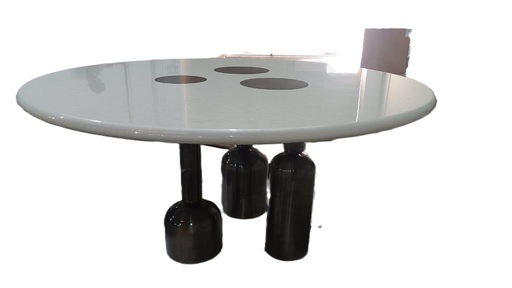 [202003142] Dining Table Mdf White Top With Special Psoriasis Finish & Circles Brass Aging Design And Legs (Cream,33x150x90 H CM, Shagreen/Brass )