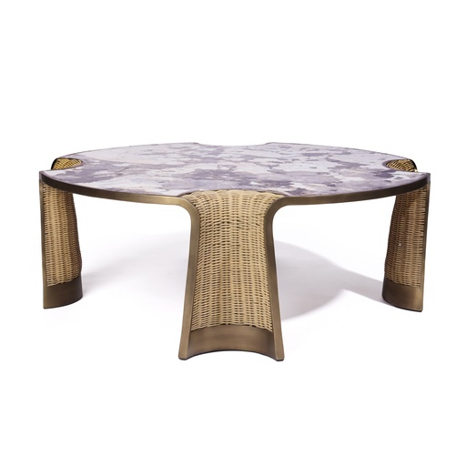 [202001383] Nymphea Round Coffee Table Patagonia Stone, Rattan Natural (Cream,36x150x90H CM, Antique Natural Shagreen)