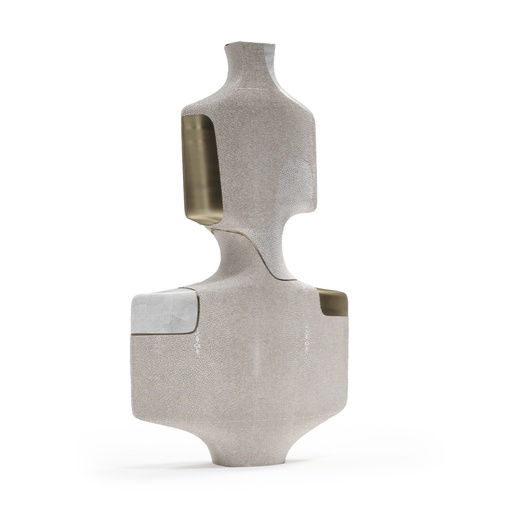 [1070022556] Vase L Cream Shagreen, White Shagreen, Kabibi Shell (White/Blue,17x20x38 H CM, Porcelain)