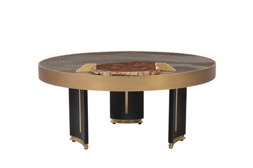[202001442] Coffee Table Ss 304 Electroplated With Cnc In Liquid Metal Finish With Oak Base (Tiger Eye Top,W32.5xL150xH82.5, Brass Metal Base / Tiger Eye Top )