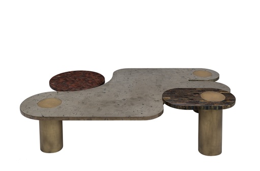 [202001443] Coffee Table
Ss 304 Electroplated Tops In Pryite , Red Tiger Eye & Multi Tiger Eye  Semi Precious Stone Tops  (Tiger Eye Top,W32.5xL150xH82.5, Brass Metal Base / Tiger Eye Top )