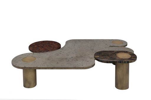 [202001443] Coffee Table
Ss 304 Electroplated Tops In Pryite , Red Tiger Eye & Multi Tiger Eye  Semi Precious Stone Tops  (Tiger Eye Top,W32.5xL150xH82.5, Brass Metal Base / Tiger Eye Top )