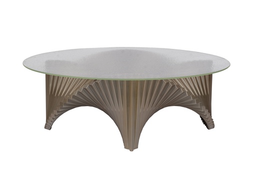 [202001445] The Aureus CNC Gold & Glass Coffee Table (Rattan Natural,112x112x41H CM, Stn12 Stone)