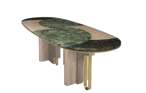 [202003185] Dining Table With 2 Semi-Precious Stone And Veneer (Tiger Eye Top,W32.5xL150xH82.5, Brass Metal Base / Tiger Eye Top )