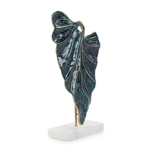 [107004380] Standing Leaf Sculpture On Marble Base, Large Blue

