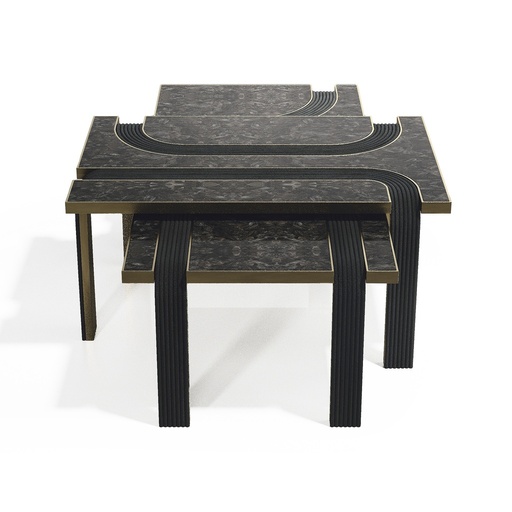 [202001484] Set of 2 Coffee Table L&M Smokey Black Quartz, Black Rattan (Gold,DIA110xH150, Brass)