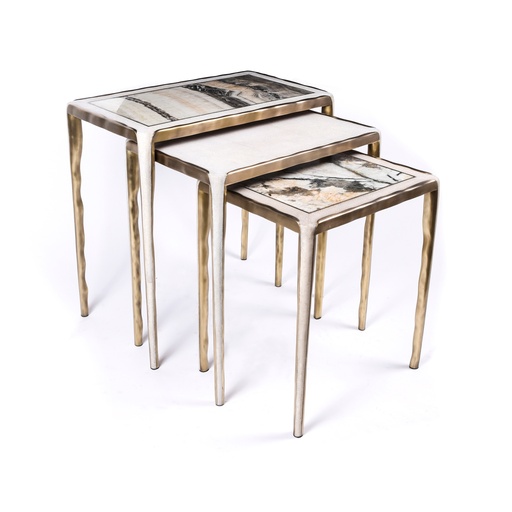 [202002696] Set of 3 Melting Nesting Side Tables Onyx, Patagonia & Shagreen (Cream,36x150x90H CM, Antique Natural Shagreen)