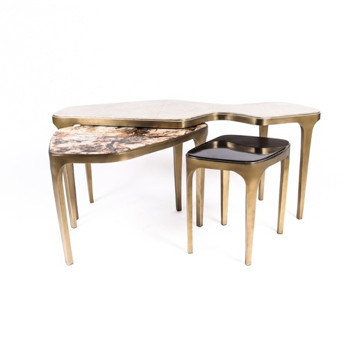 [202001485] Set of 3 Cosmos Nesting Coffee Tables (Cream,50x48x60 39x37x55 30x30x50, Shagreen/Quartz)