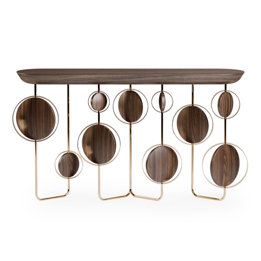 [21-216 V2] Console Fairy Circle (130x67x92 H cm, Table top & Circles: Walnut wood with matt finish. Legs: Version 2 - Metal effect** Ref. Brass brushed with gloss finish)