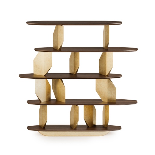 [14-508-285 V1] Anta Da Arca 285 Bookshelf (215x50x90 H cm, Body Exterior: Solid Walnut wood with matt finish.  Drawers, shelves, interior & handles: Coated Interior in Walnut wood with matt finish & Gold Leaf with gloss finish. Shelves in clear tempered glass. Handles in Metal Effect** ref. Brass, brushed with gloss finish. Footer & Frieze: Gold Leaf with gloss finish.)