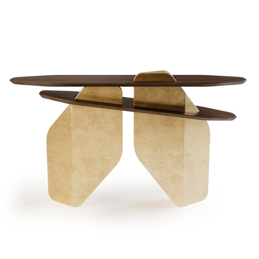 [21-508 V1] Anta Da Arca Console (130x67x92 H cm, Table top & Circles: Walnut wood with matt finish. Legs: Version 2 - Metal effect** Ref. Brass brushed with gloss finish)