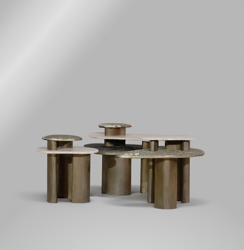 [202001492] Kinzoku Coffee Table  (Alaska Grey Marble,L- 78.7 , W-81.2, Ht-60.9  L - 81.2 , W - 63.5 , h - 55.8  L - 55.8, W - 55.8, ht  - 55.8, Metal Polish -Distressed Brass)
