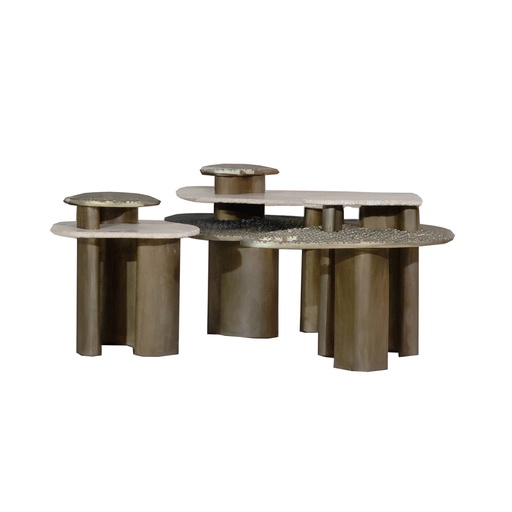 [202001492] Kinzoku Coffee Table  (Alaska Grey Marble,L- 78.7 , W-81.2, Ht-60.9  L - 81.2 , W - 63.5 , h - 55.8  L - 55.8, W - 55.8, ht  - 55.8, Metal Polish -Distressed Brass)
