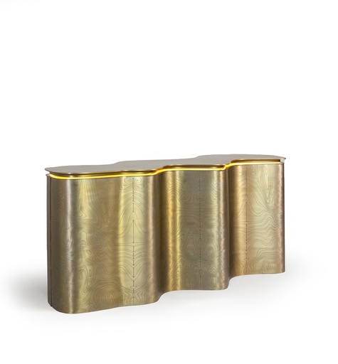 [202004202] Ibis Lift Up Bar Cum Console
 (Tiger Eye Top,W32.5xL150xH82.5, Brass Metal Base / Tiger Eye Top )