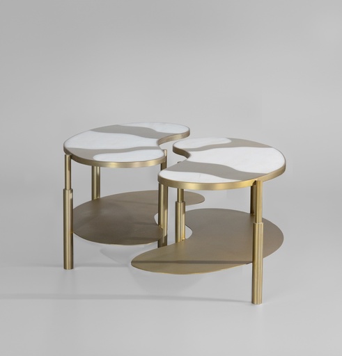[202001493] Egret Bean Cluster Coffee Table
 (Alaska Grey Marble,L- 78.7 , W-81.2, Ht-60.9  L - 81.2 , W - 63.5 , h - 55.8  L - 55.8, W - 55.8, ht  - 55.8, Metal Polish -Distressed Brass)