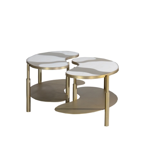 [202001493] S/2 Egret Bean Cluster Coffee Table (Brass/White,100x100x45H CM, Top With Brass Frame And Metal Base)