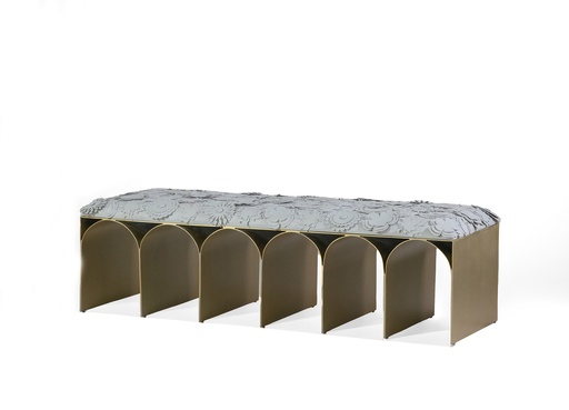 [203001113] Ripple Bed end
 (Teal/Mint Fabric With Texture All Over,length - 86.3x w - 86.3 , ht - 91.4, Antique Brass Finish On Legs)