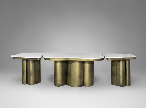 [202003191] Penguin Cluster Dining Table (Alaska Grey Marble,L- 78.7 , W-81.2, Ht-60.9  L - 81.2 , W - 63.5 , h - 55.8  L - 55.8, W - 55.8, ht  - 55.8, Metal Polish -Distressed Brass)
