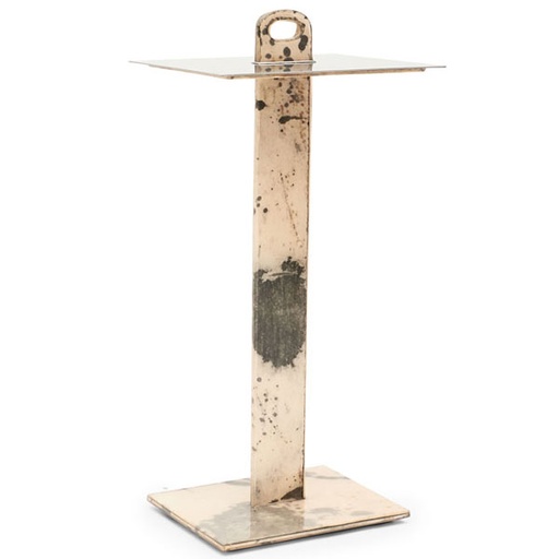 [1013-PTD] Parchment T Table (White Grey Marble,Dia56x42x44 cm, Metal Polish -Distressed Brass)