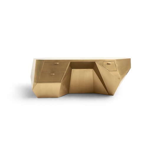 [
5001-BB
] Popova Desk
(Brushed Matte Brass) (37x160x100 H cm, Table top: Walnut wood veneer with matt finish. Legs: Available in Gold, Copper or Silver leaf with gloss finish.)