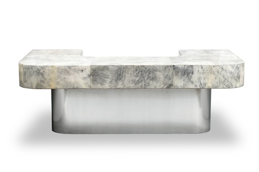 [5005-PGSP] Brioni Desk
(Grey Parchment & Stainless) (Alaska Grey Marble,L- 78.7 , W-81.2, Ht-60.9  L - 81.2 , W - 63.5 , h - 55.8  L - 55.8, W - 55.8, ht  - 55.8, Metal Polish -Distressed Brass)