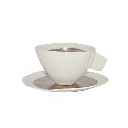 [102003054] S/2 Coffee Cup Set Silver W/Square Handle & Silver Saucer Pn# Set-Cof-Sl (White,30x35x30H CM, Porcelain)