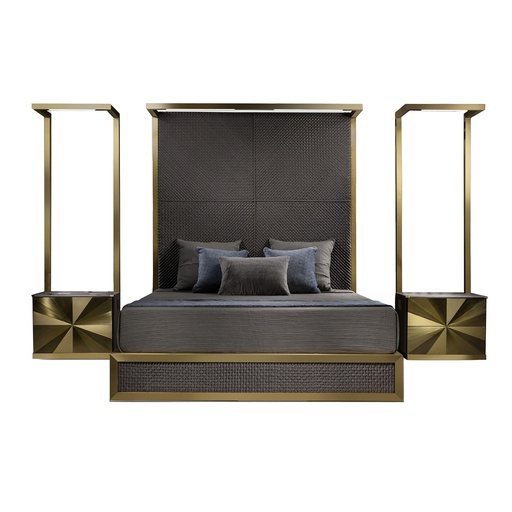 [205003044] S/3 Bed & Night Stand (one bed+2 night stand) (Alaska Grey Marble,L- 78.7 , W-81.2, Ht-60.9  L - 81.2 , W - 63.5 , h - 55.8  L - 55.8, W - 55.8, ht  - 55.8, Metal Polish -Distressed Brass)