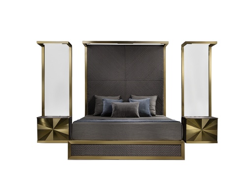 [205003044] S/3 Bed & Night Stand (one bed+2 night stand) (Alaska Grey Marble,L- 78.7 , W-81.2, Ht-60.9  L - 81.2 , W - 63.5 , h - 55.8  L - 55.8, W - 55.8, ht  - 55.8, Metal Polish -Distressed Brass)