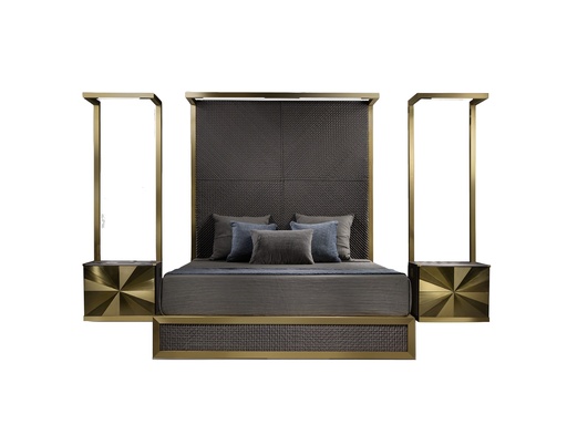 [205003044] S/3 Bed & Night Stand (one bed+2 night stand) (Grey Leather On Top,Light Gold Dead Matte On Metal. Antique Finishes On Drawer Facia)