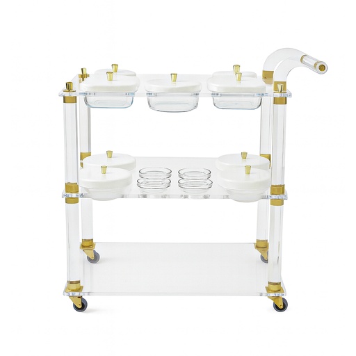 [20200100021] Acrylic Serving Trolley (Brass/White,100x100x45H CM, Top With Brass Frame And Metal Base)