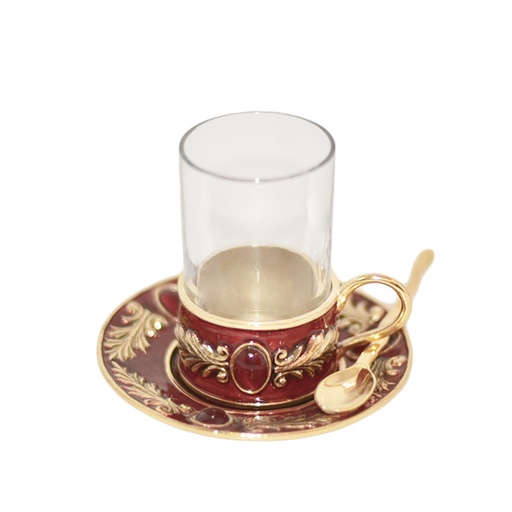 [102003005] S/4 Coffee Set Ruby Red - Spoonsaucerholder Glass (Beige/Silver,12x12x6H cm, Porcelain)