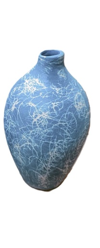 [1070022356] White Vase With Blue Horizontal Lines N1